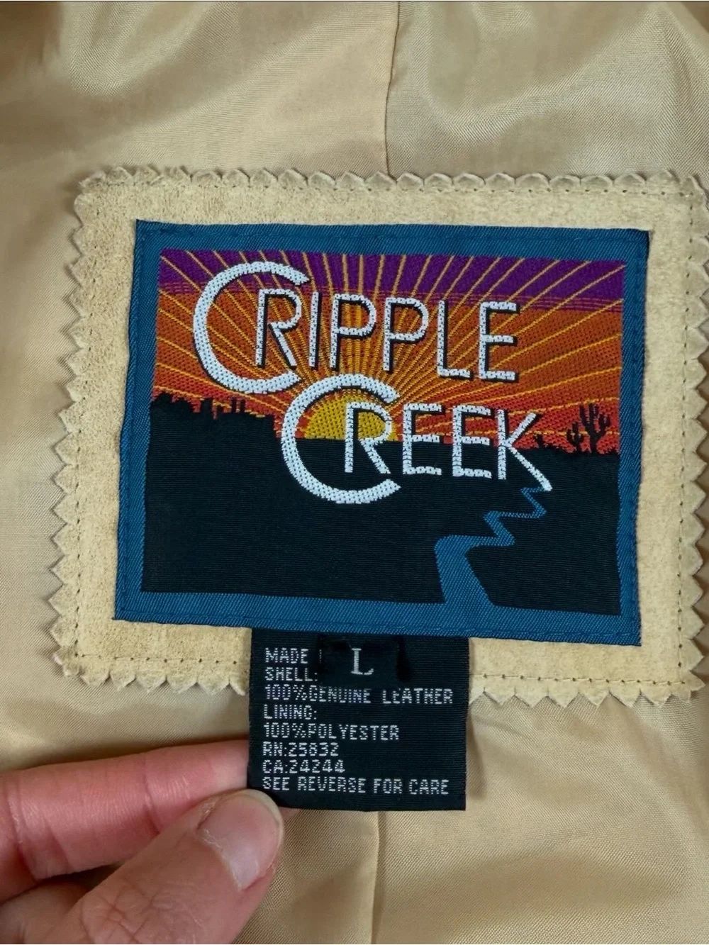 Cripple Creek Tan Suede Leather Fringe Western Jacket Womens L Beaded Medallions - Picture 5 of 15